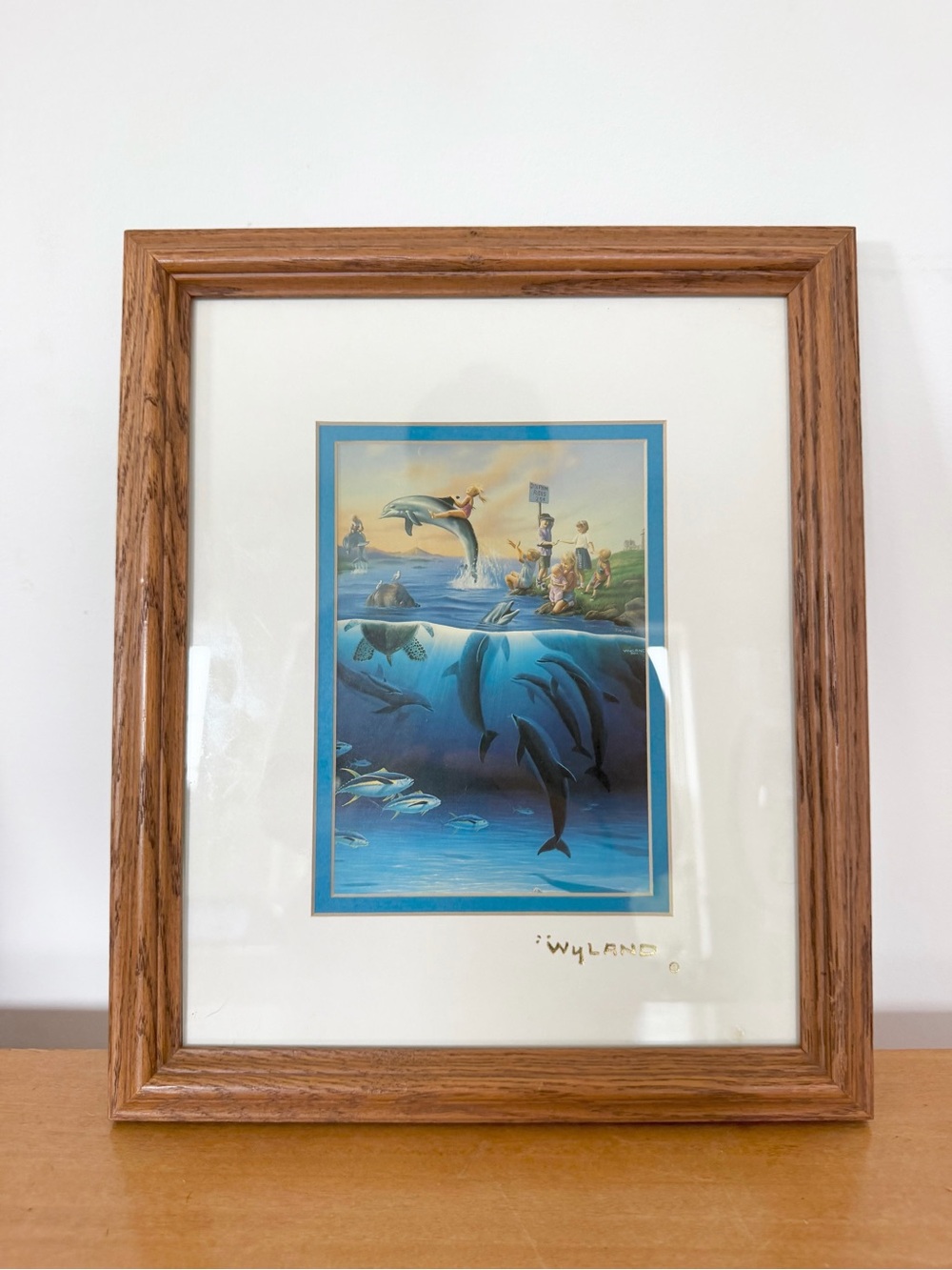 Wyland Art Print in Koa Frame Dolphin Dives in Ocean 1992 Hawaii Limited Edition